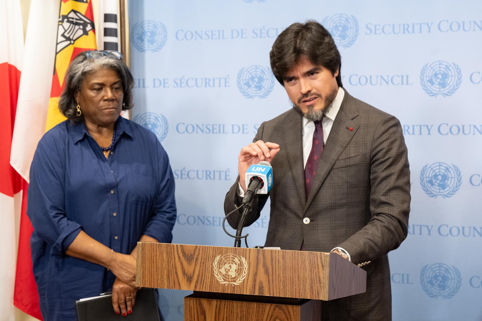 José Javier De La Gasca (at podium), Permanent Representative of Ecuador to the United Nations, briefs reporters on the mandate renewal of the United Nations Integrated Office in Haiti (BINUH). At left is Linda Thomas-Greenfield, Permanent Representative of the United States to the United Nations.