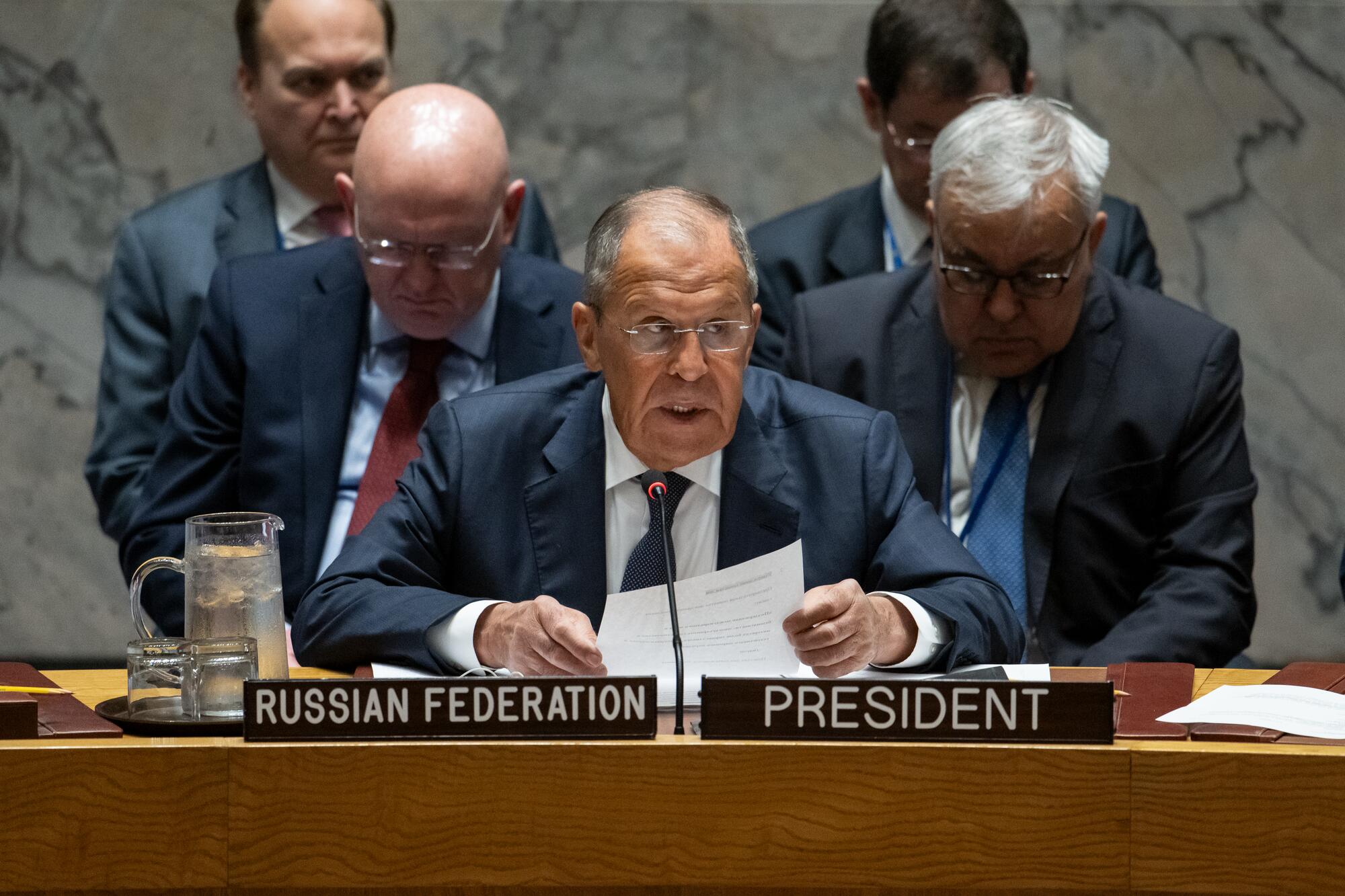 Sergey Lavrov, Minister for Foreign Affairs of Russian Federation and President of the Security Council for the month of July, chairs the Security Council meeting on maintenance of international peace and security, on the theme "Multilateral cooperation in the interest of a more just, democratic and sustainable world order".